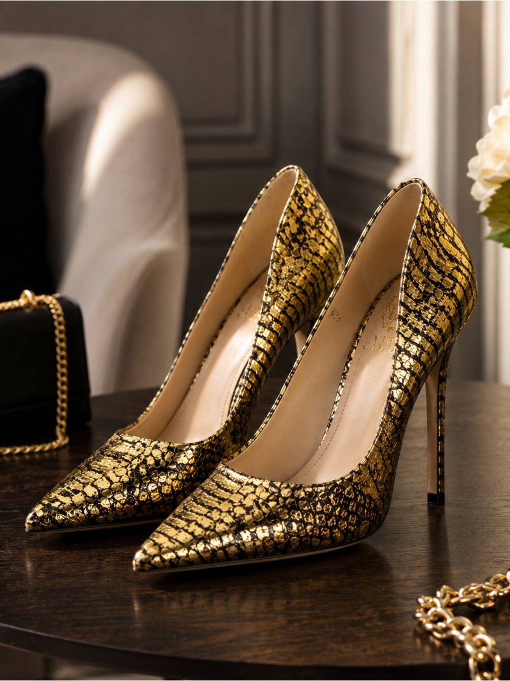 Vince Camuto Gold Snake-Print Pointed Toe Stiletto Pumps